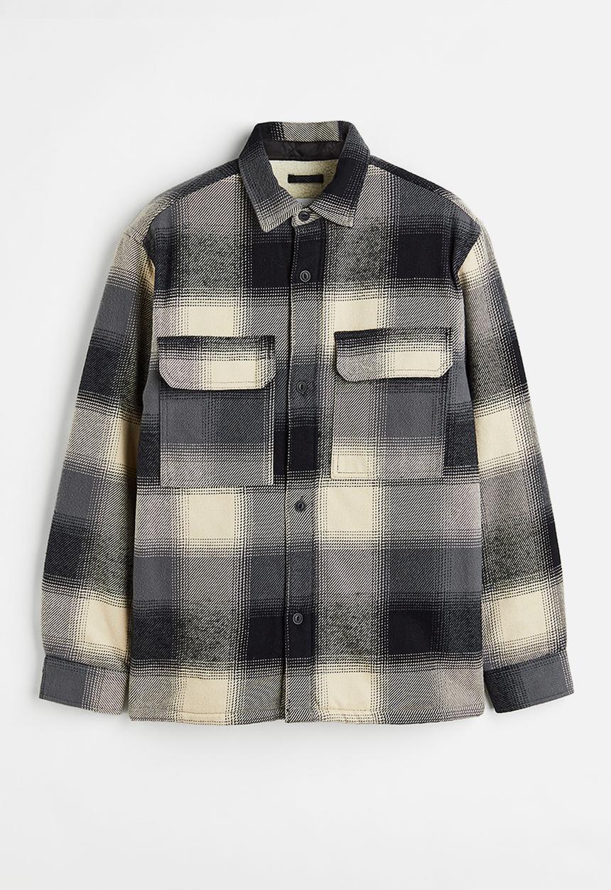 H&M - Regular fit teddy-lined overshirt - black/grey checked