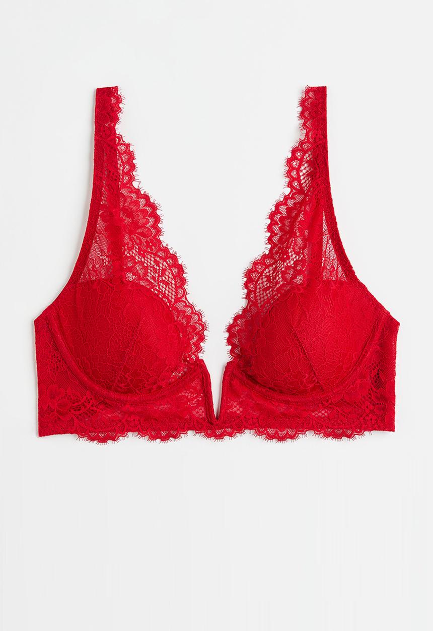 H&M - Padded underwired lace bra - red