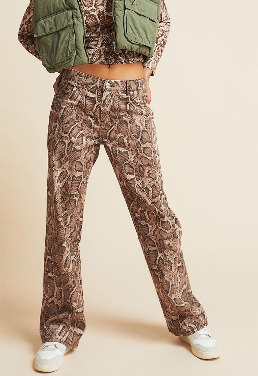 H&M - Wide twill trousers - brown/snakeskin-patterned