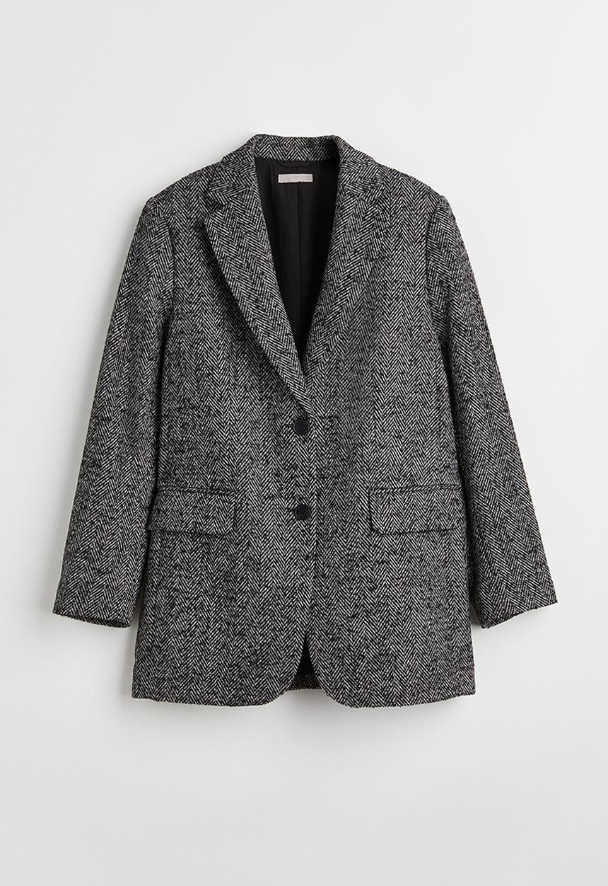 H&M - Oversized wool-blend jacket - grey/herringbone-patterned