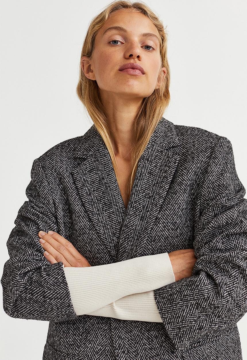 H&M - Oversized wool-blend jacket - grey/herringbone-patterned