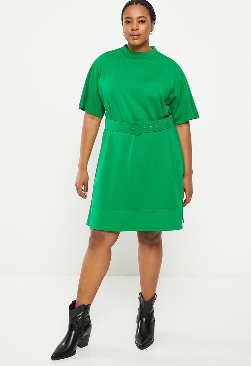 Me&B - Plus ponti belted turtle neck dress - green