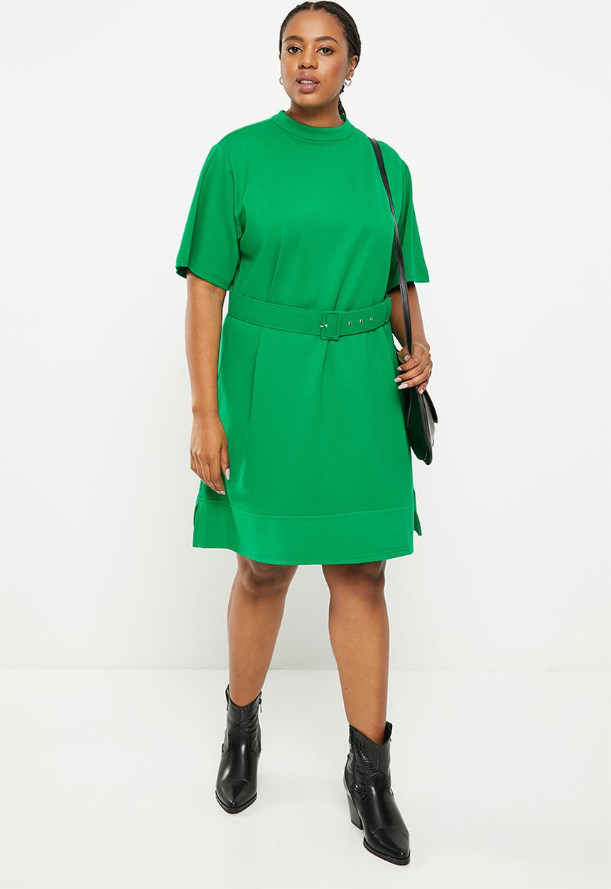 Me&B - Plus ponti belted turtle neck dress - green
