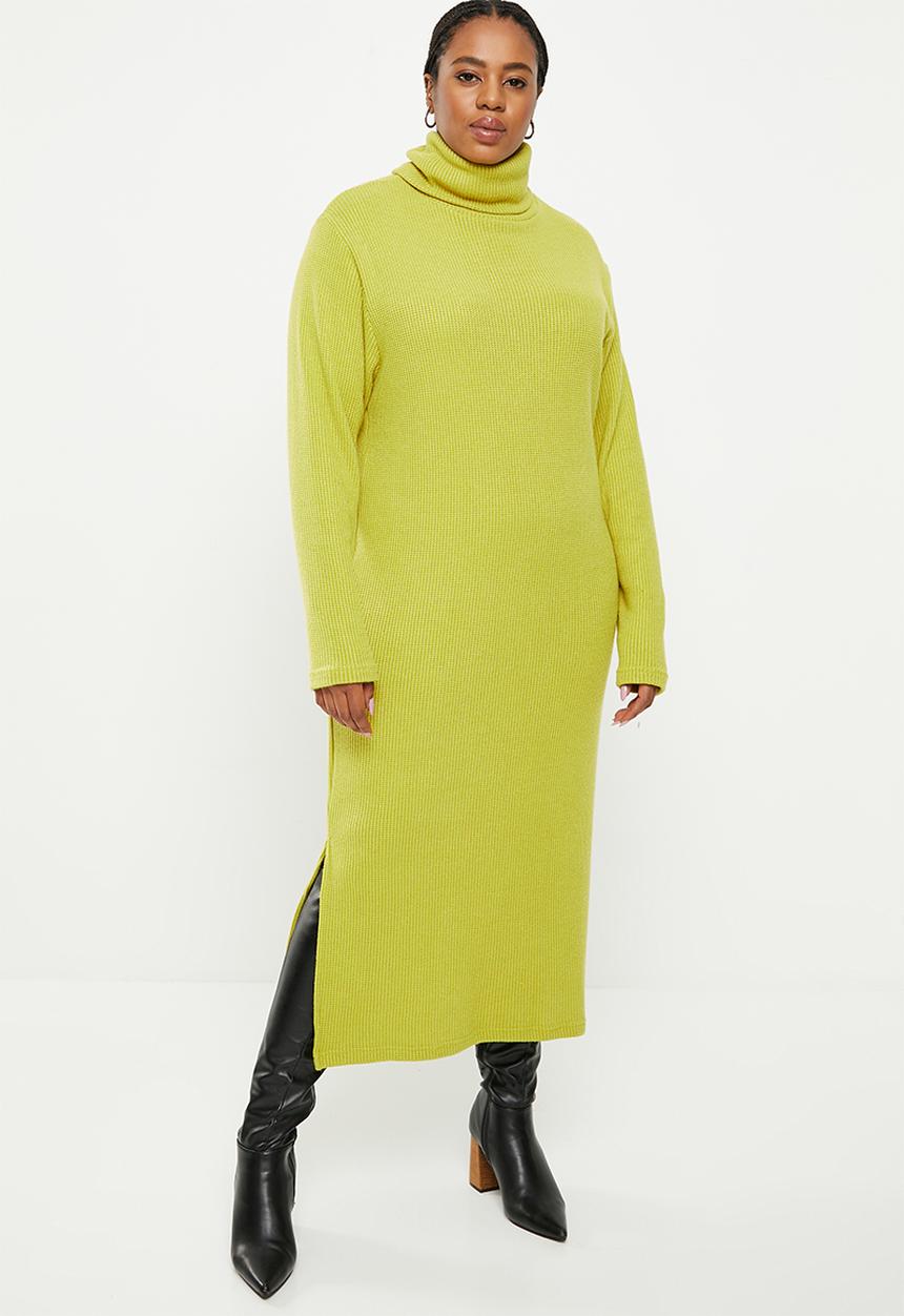 Me&B - Plus luxe rib poloneck dress - chartreuse