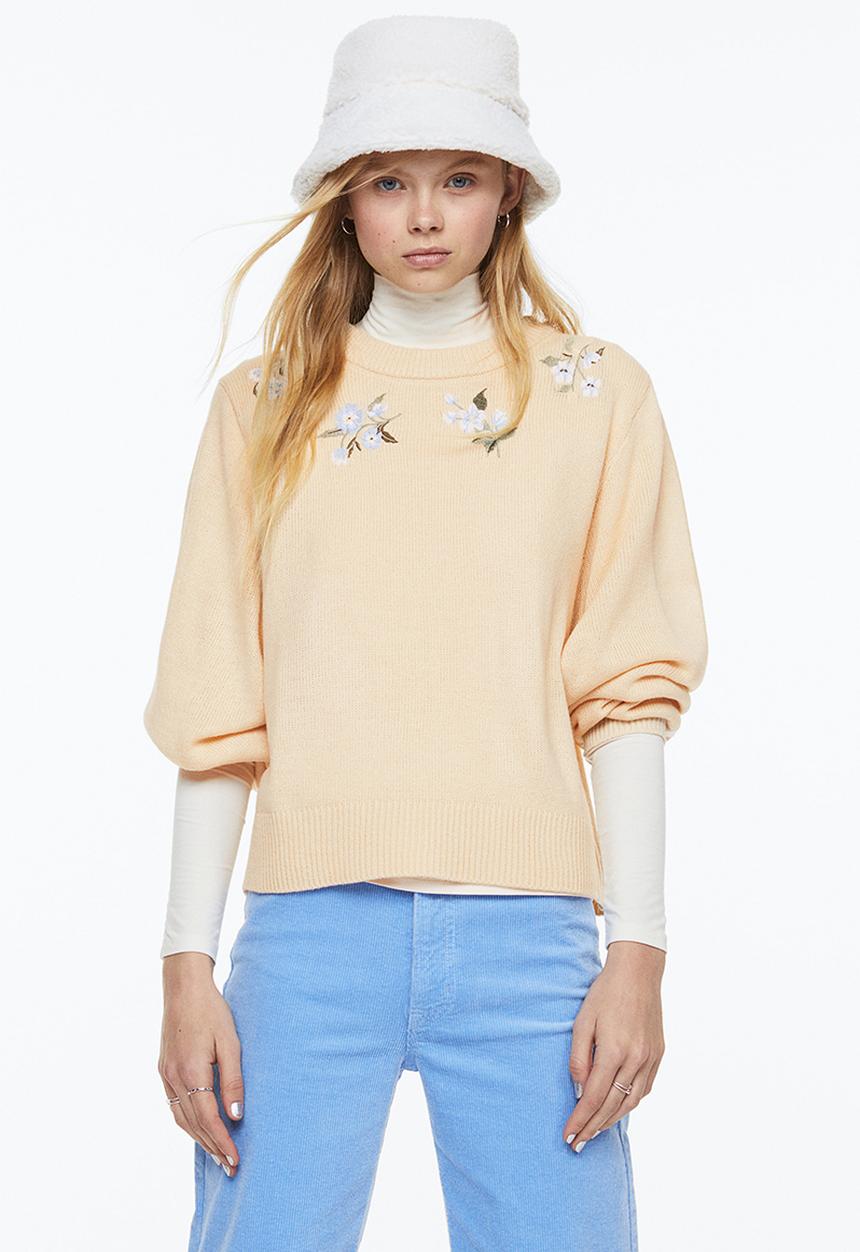H&M - Embroidered jumper - light beige/flowers
