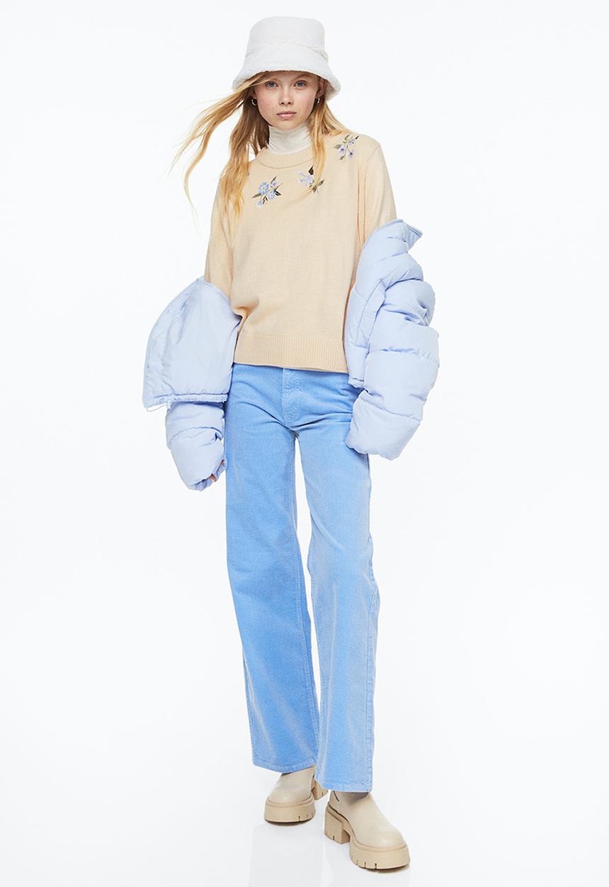 H&M - Embroidered jumper - light beige/flowers