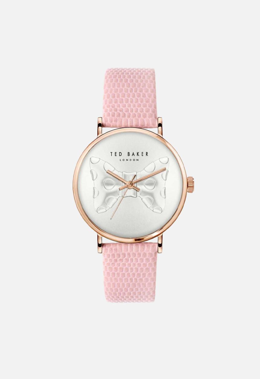 Ted Baker - Recycled sst rose gold case silver dial with silver bow pink lizard leather strap