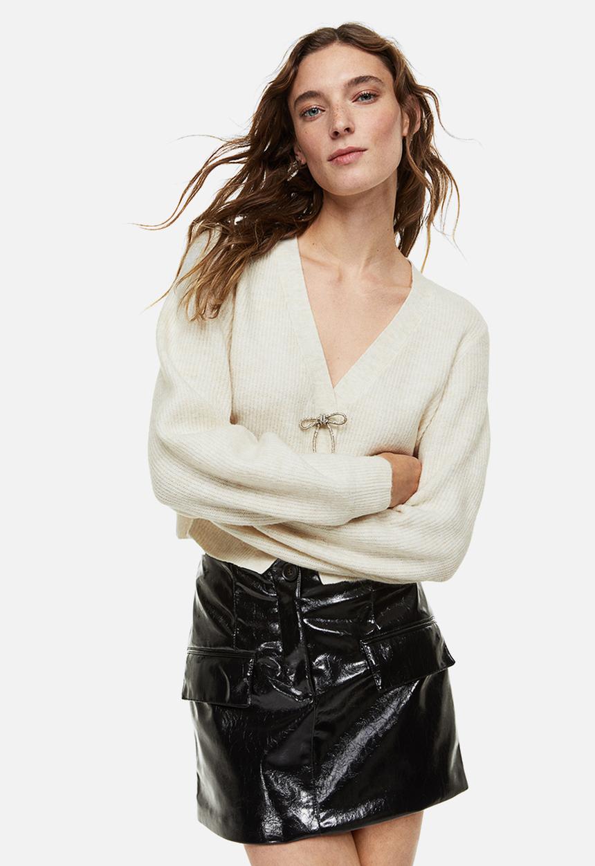 H&M - Rhinestone-bow rib-knit cardigan - cream