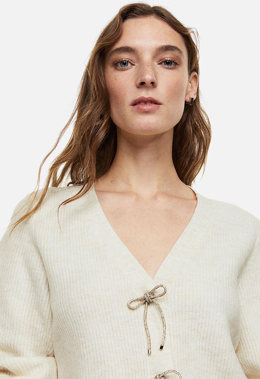 H&M - Rhinestone-bow rib-knit cardigan - cream
