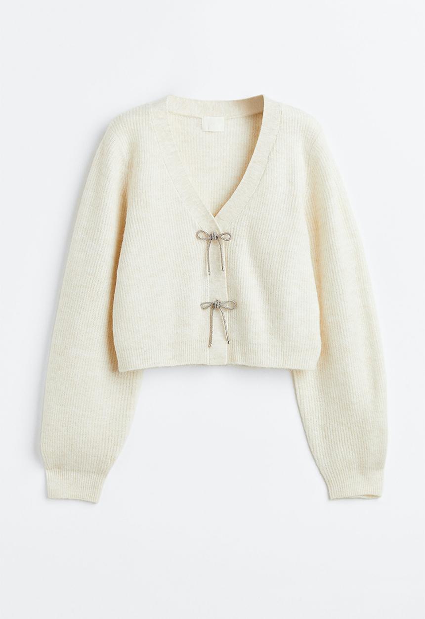 H&M - Rhinestone-bow rib-knit cardigan - cream