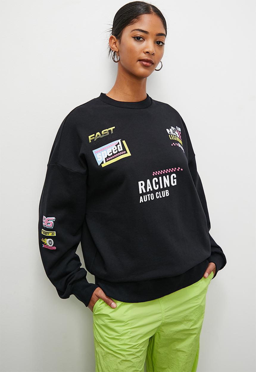 Blake - Slouch moto graphic crew - black