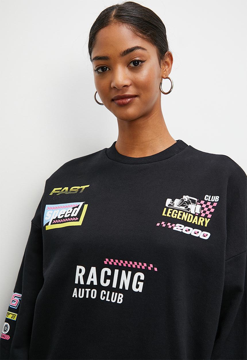 Blake - Slouch moto graphic crew - black