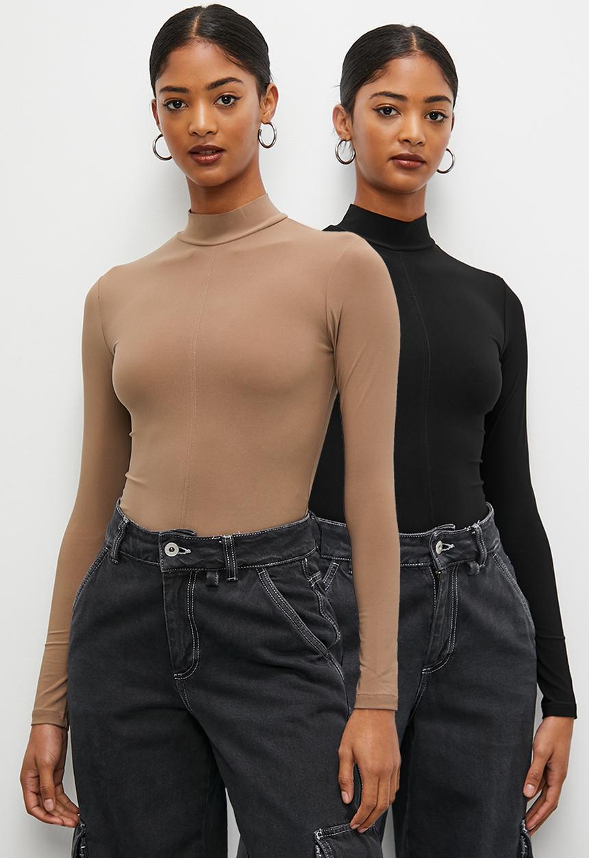Blake - 2-Pack grown on neck bodysuit - stone & black