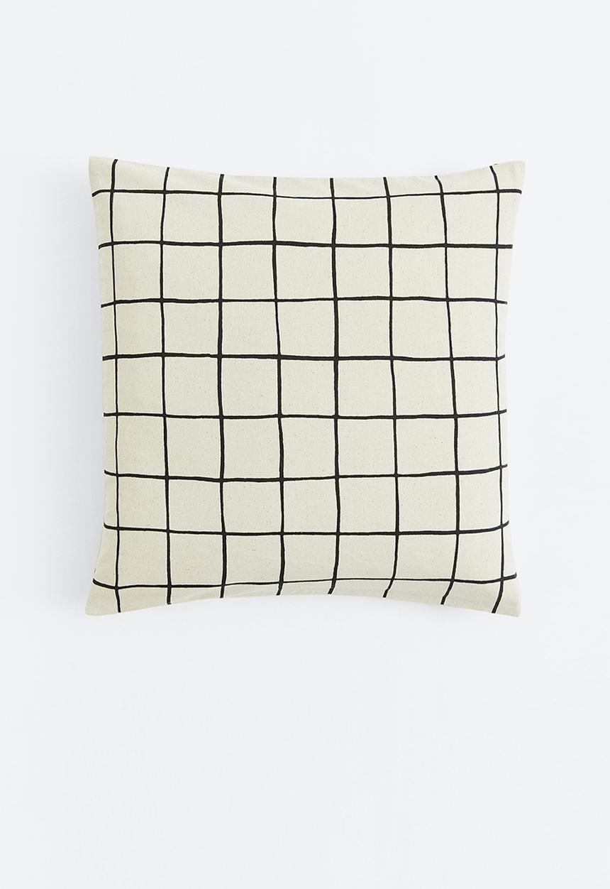 H&M - Cotton canvas cushion cover - light beige/black checked