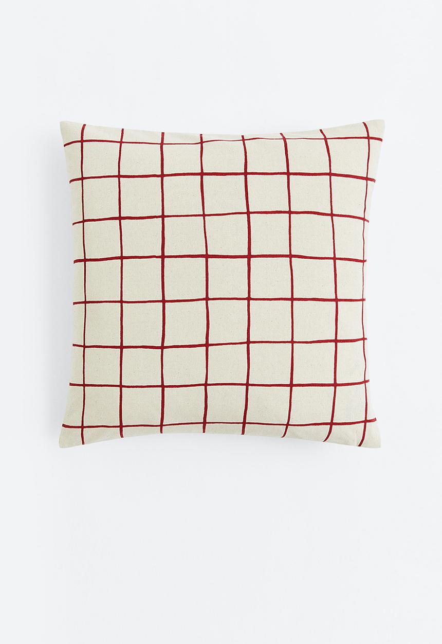 H&M - Cotton canvas cushion cover - light beige/red checked