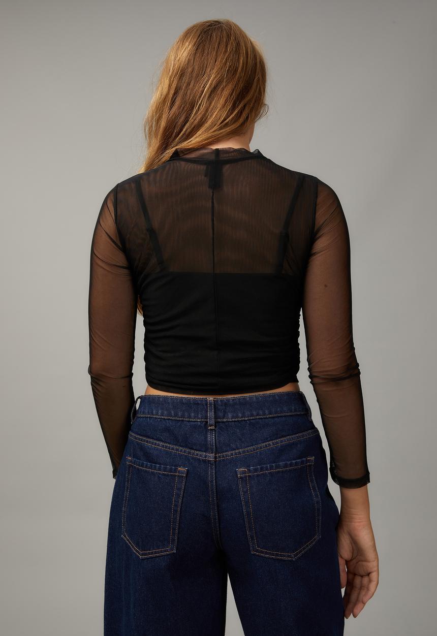 Factorie - Cropped mesh long sleeve top - black