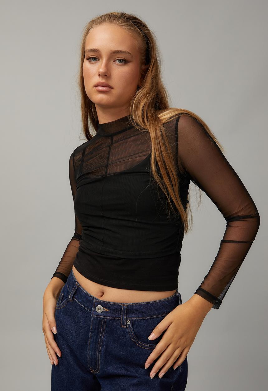 Factorie - Cropped mesh long sleeve top - black