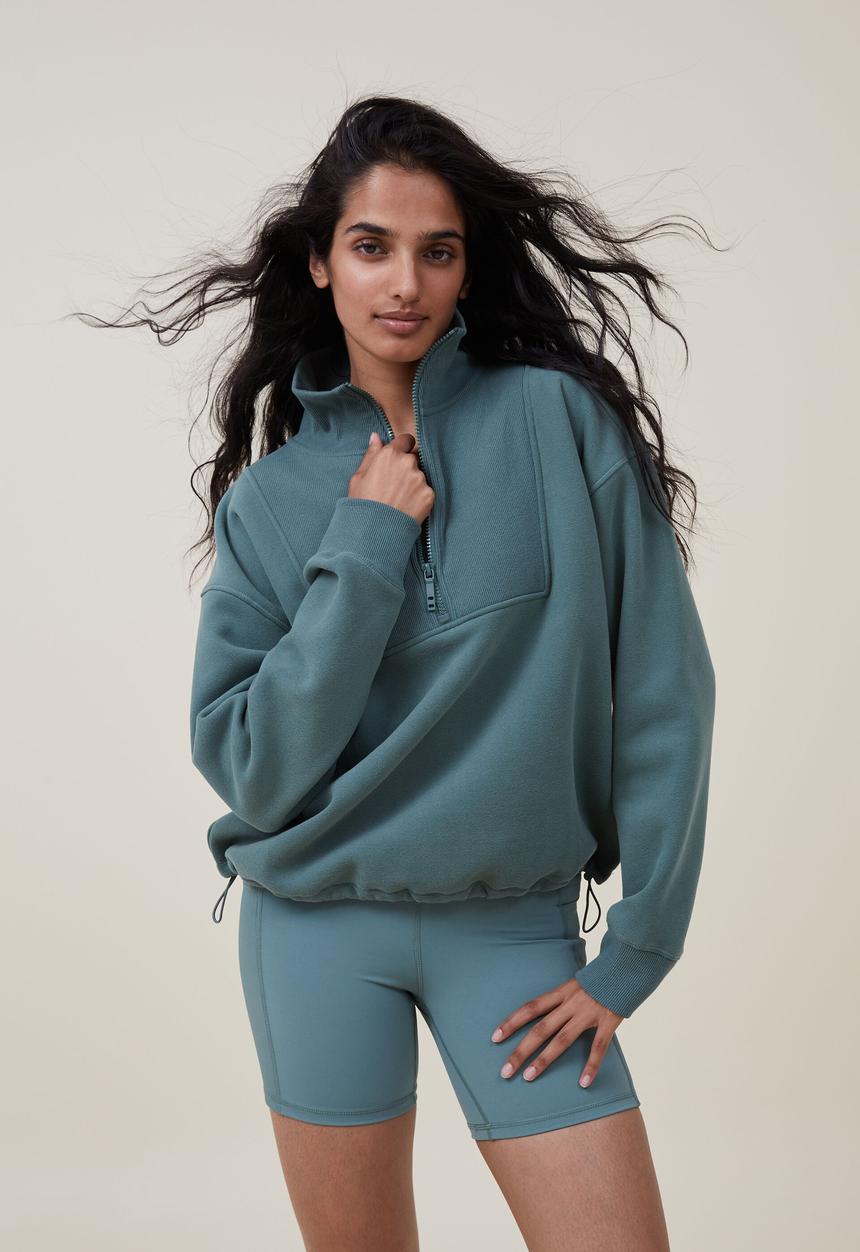 Cotton On - Plush rib half zip jumper - sage leaf