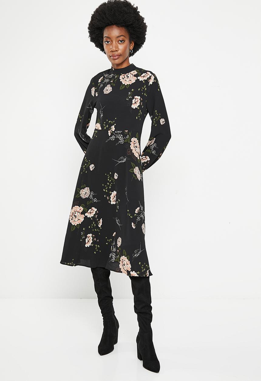 Stella Morgan - Flower prinnted long sleeve dress - black