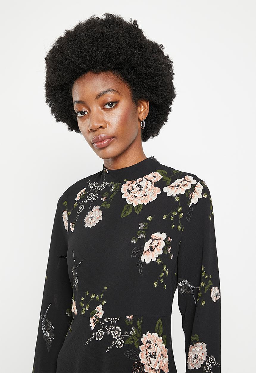 Stella Morgan - Flower prinnted long sleeve dress - black