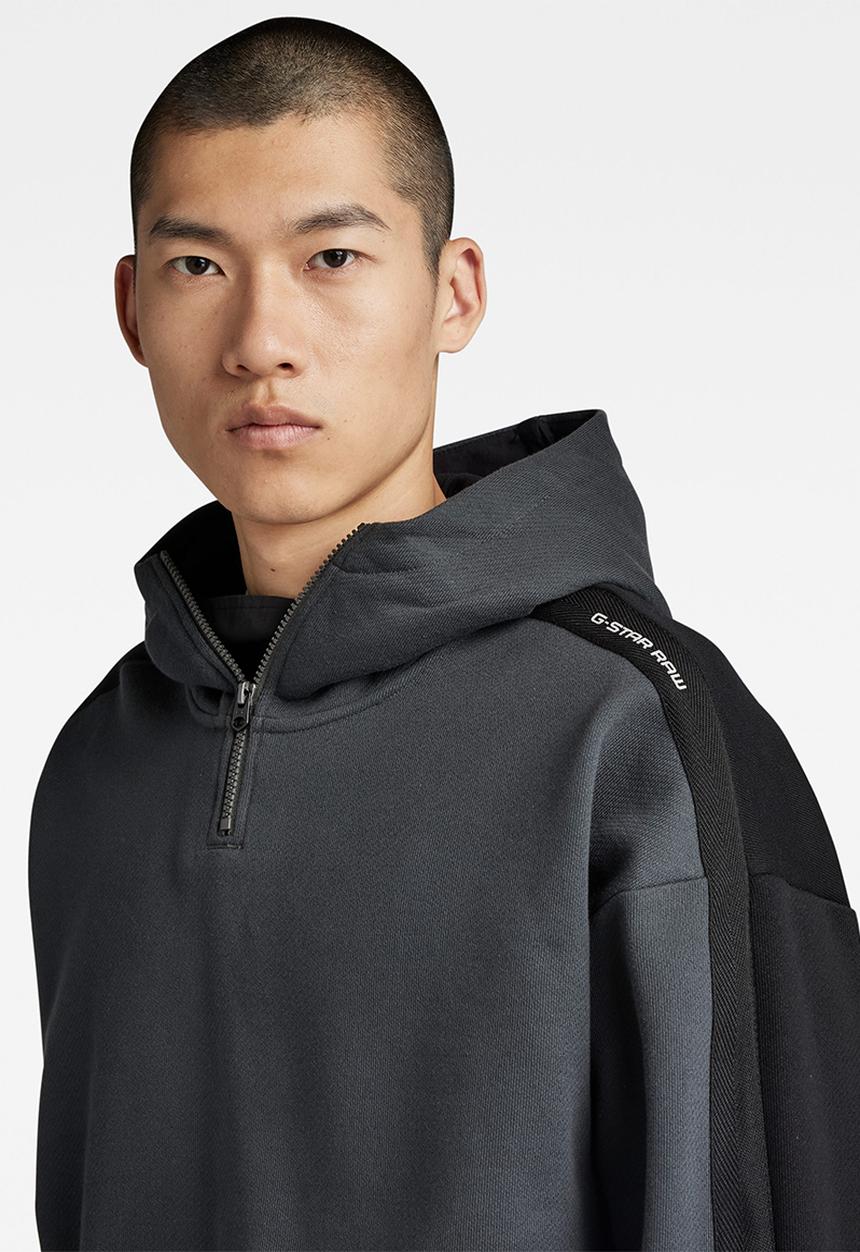 G-STAR - Tape clr block loose 1\2 zip hooded sw - cloack/dk black