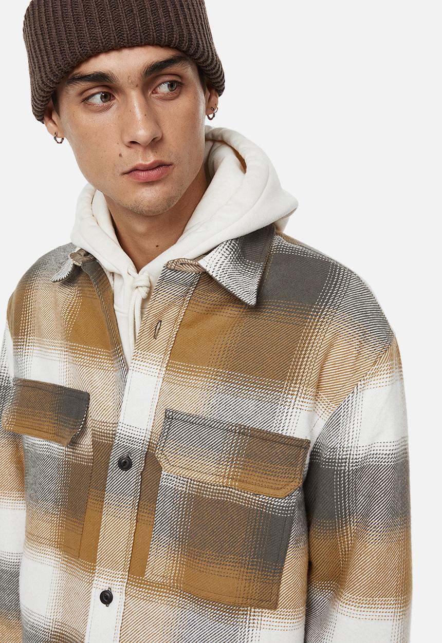 H&M - Regular fit teddy-lined overshirt - dark beige/checked