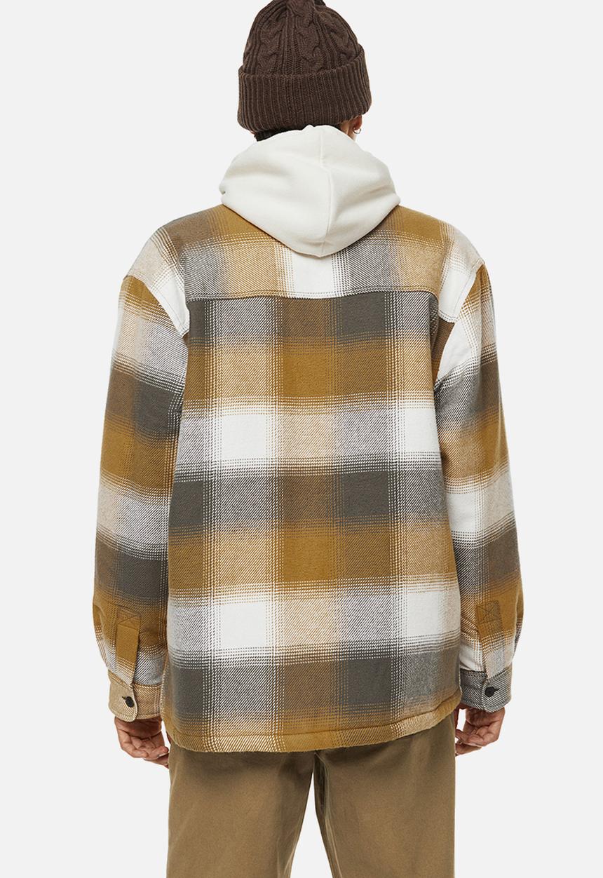 H&M - Regular fit teddy-lined overshirt - dark beige/checked