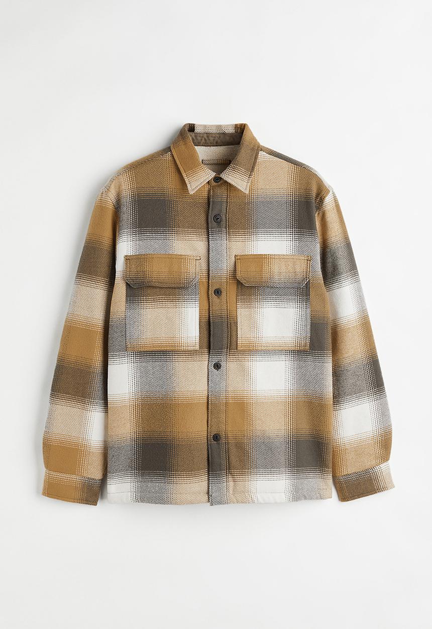 H&M - Regular fit teddy-lined overshirt - dark beige/checked