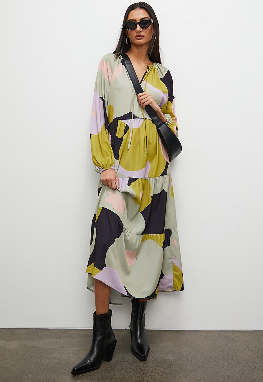 Superbalist - Tiered dress with ties - lime abstract floral