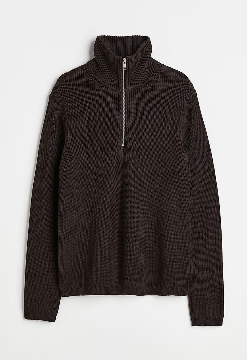 H&M - Relaxed fit rib-knit zip-top jumper - dark brown