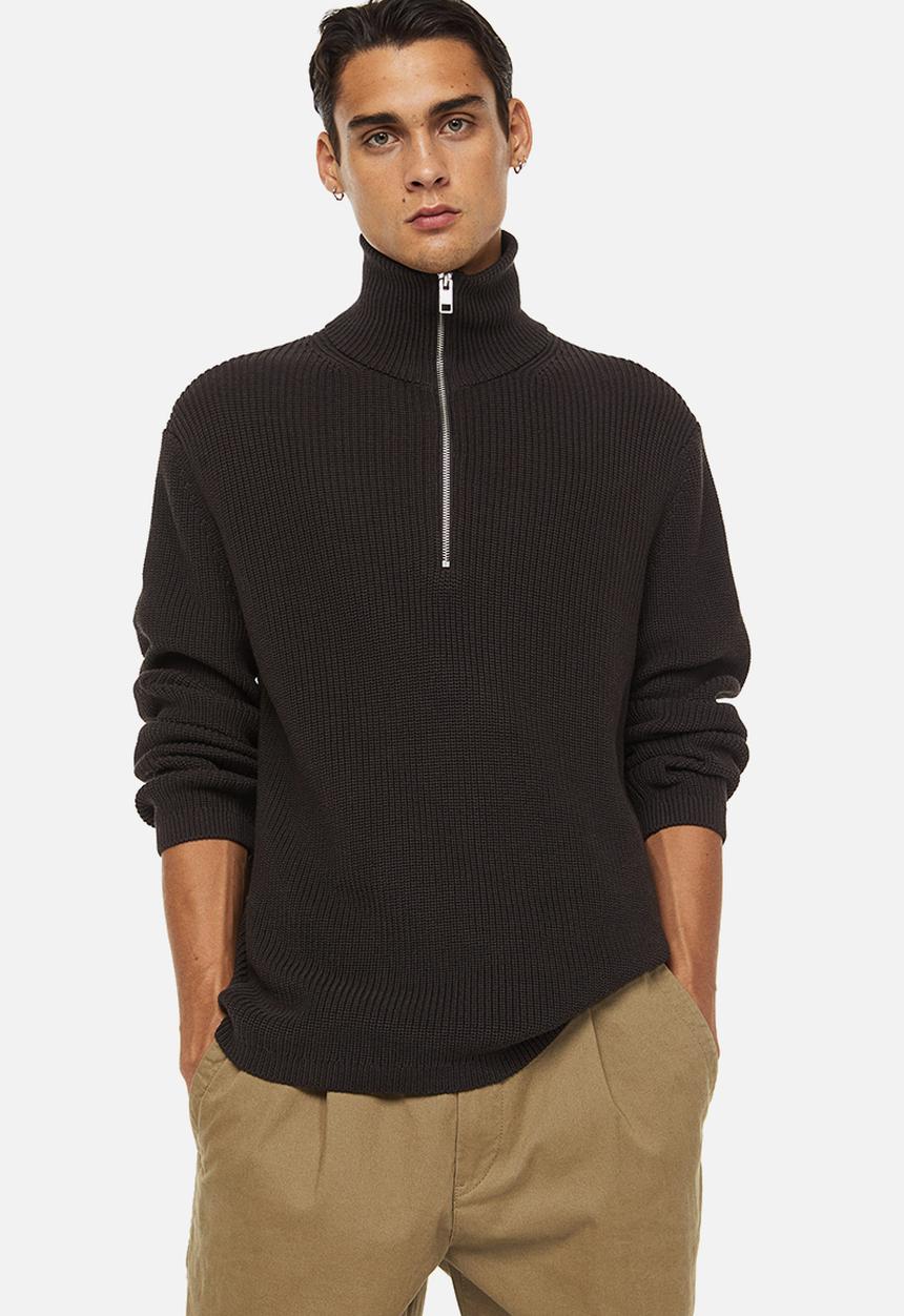 H&M - Relaxed fit rib-knit zip-top jumper - dark brown