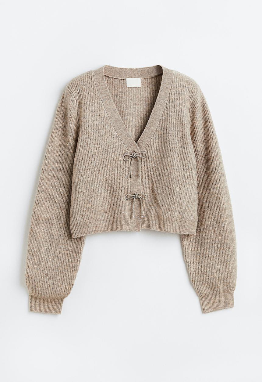 H&M - Rhinestone-bow rib-knit cardigan - greige