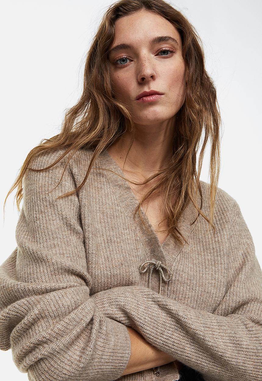 H&M - Rhinestone-bow rib-knit cardigan - greige