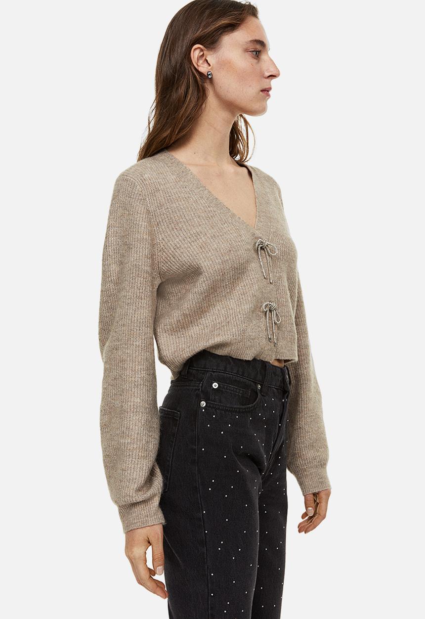 H&M - Rhinestone-bow rib-knit cardigan - greige