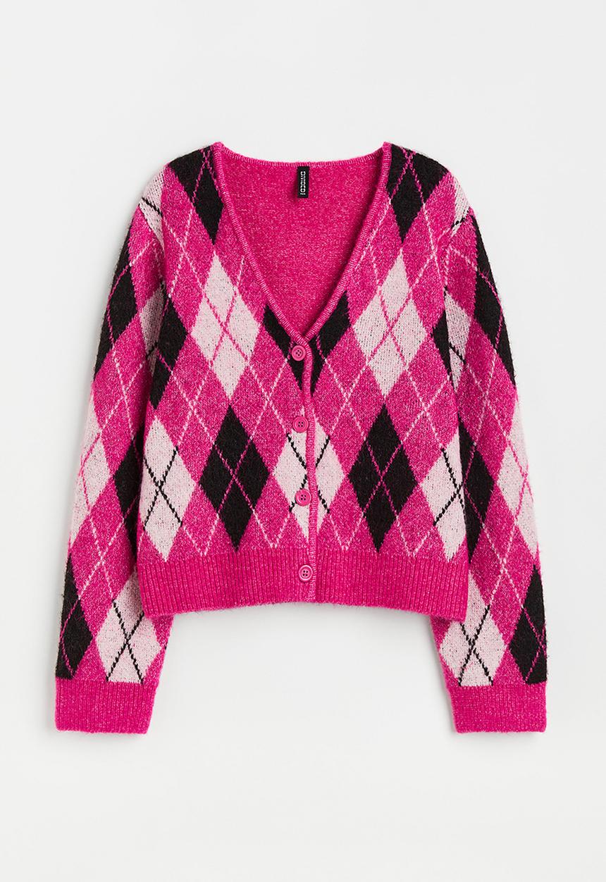 H&M - Knitted cardigan - cerise/argyle-patterned