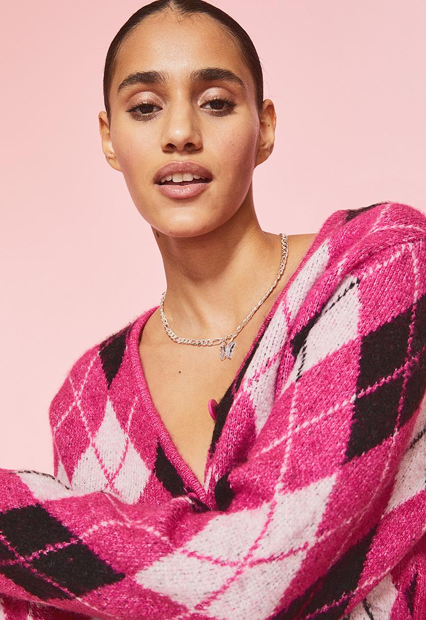 H&M - Knitted cardigan - cerise/argyle-patterned