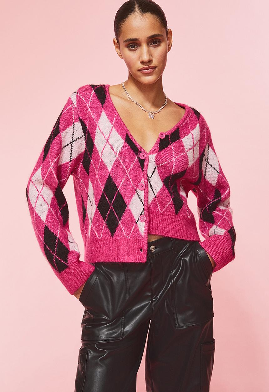 H&M - Knitted cardigan - cerise/argyle-patterned