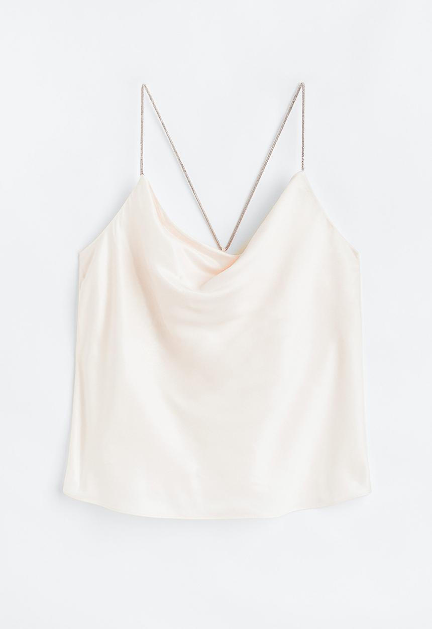 H&M - Rhinestone-strap satin top - cream
