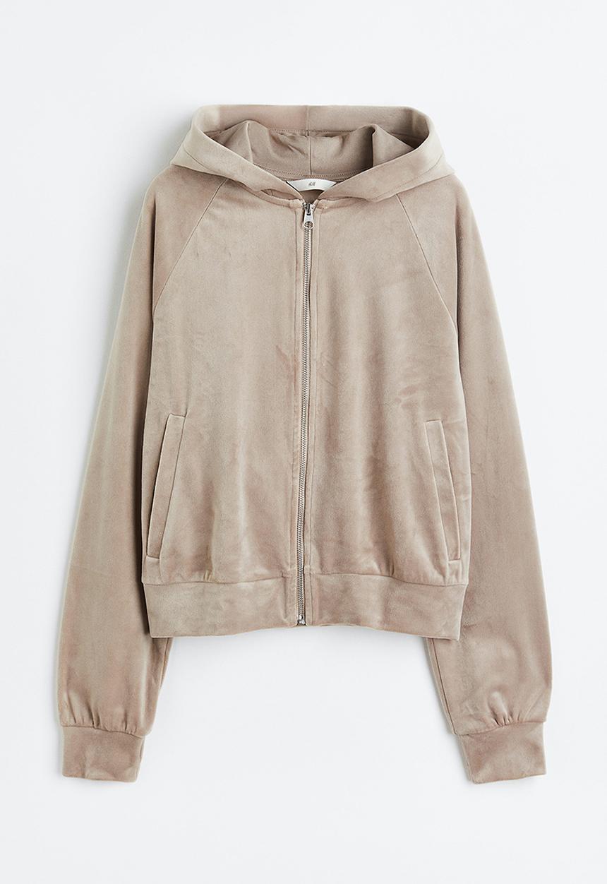 H&M - Velour zip-through hoodie - greige