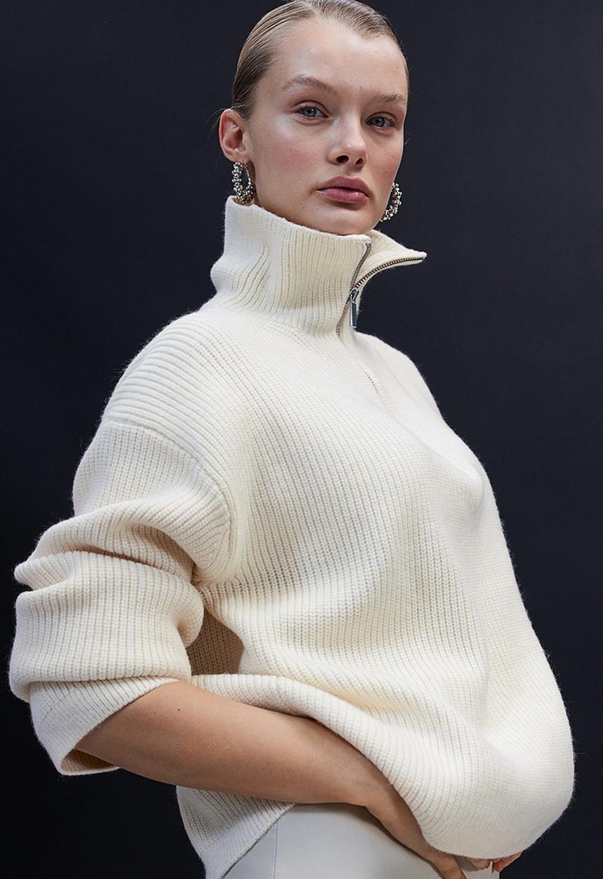 H&M - Zip-up rib-knit jumper - cream