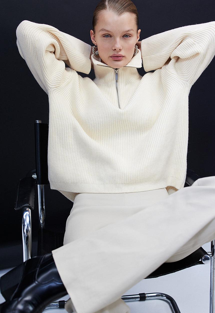 H&M - Zip-up rib-knit jumper - cream