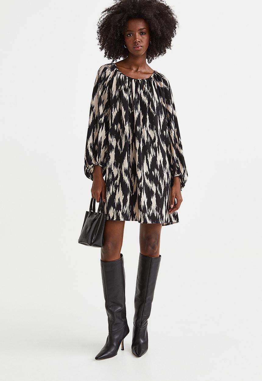 H&M - Balloon-sleeved crêpe dress - black/patterned