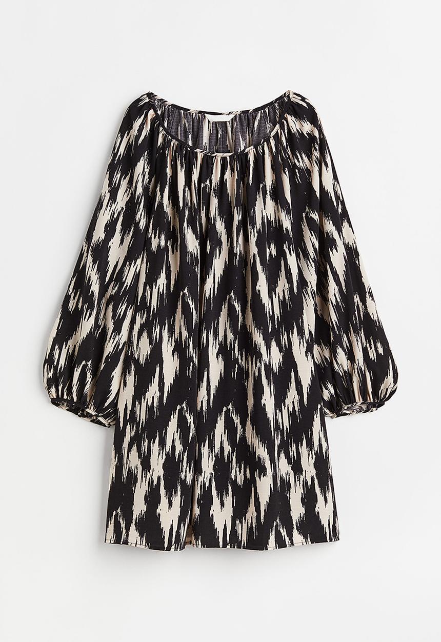 H&M - Balloon-sleeved crêpe dress - black/patterned