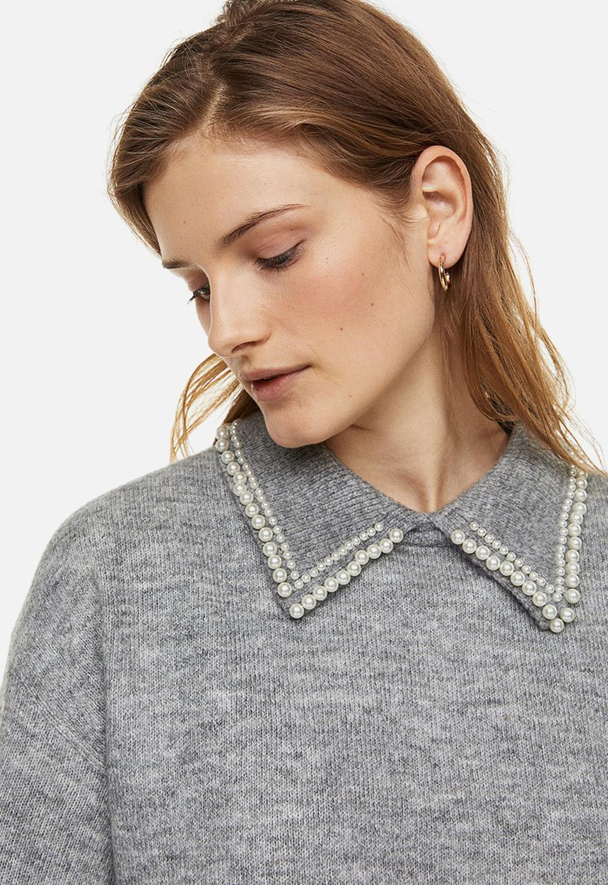H&M - Beaded-collar jumper - light grey marl/beads