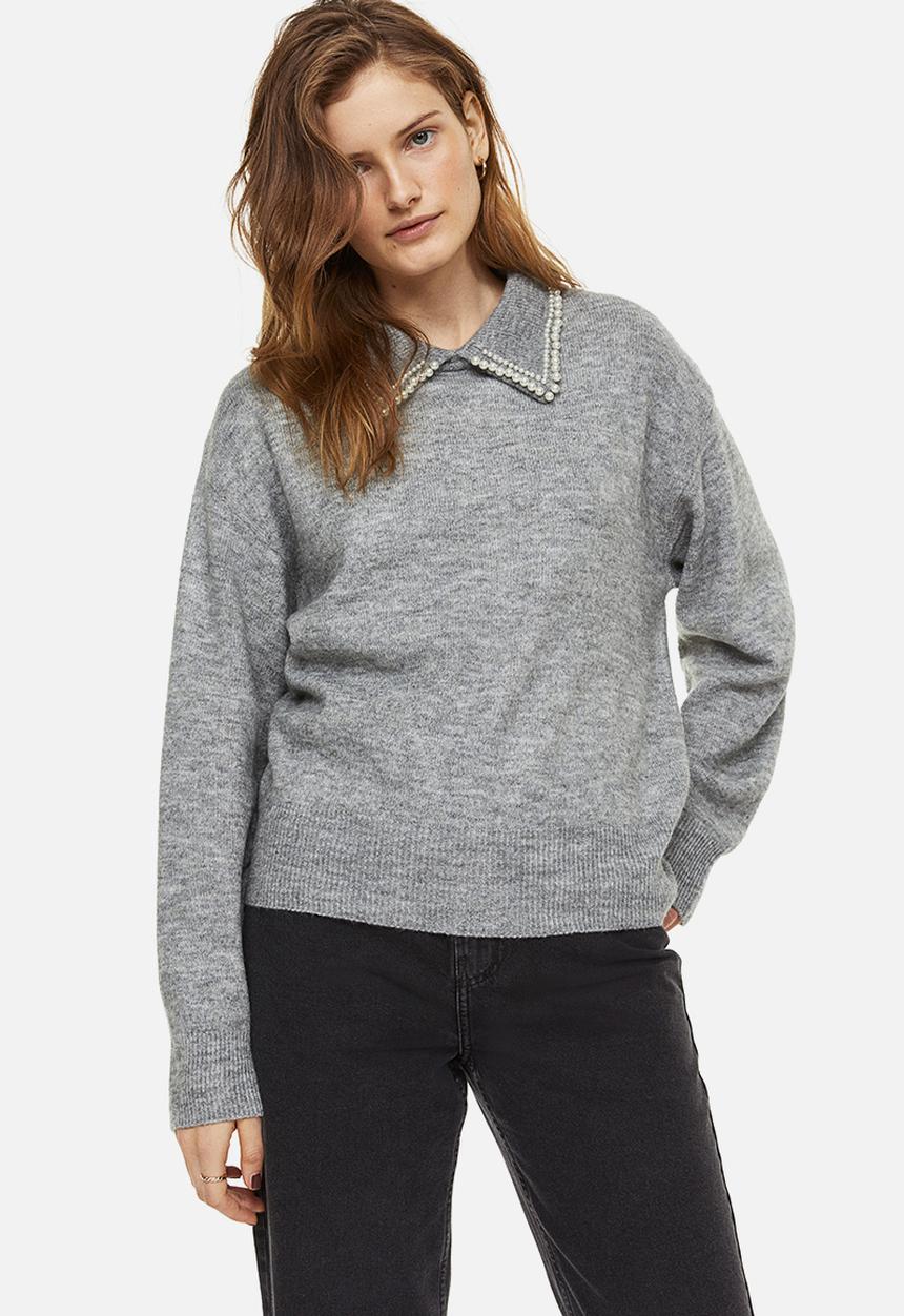H&M - Beaded-collar jumper - light grey marl/beads