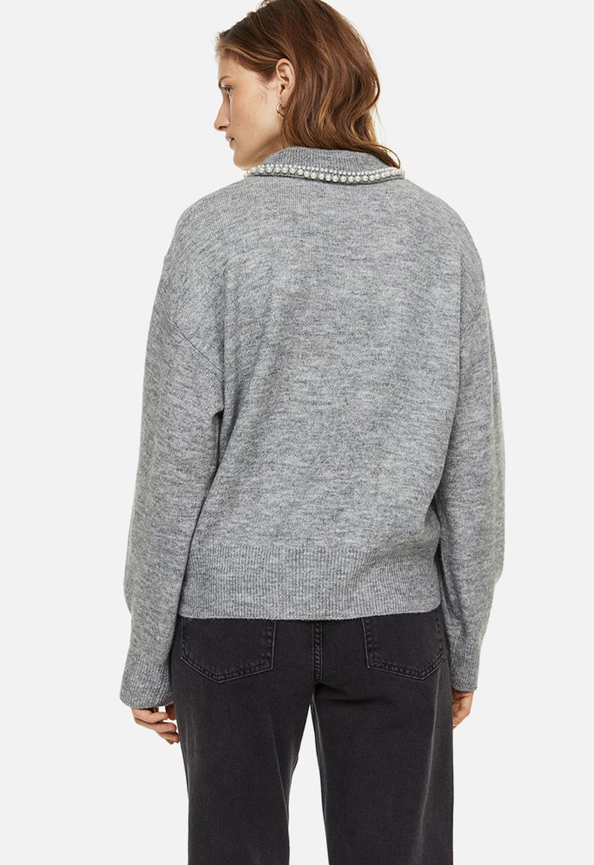 H&M - Beaded-collar jumper - light grey marl/beads