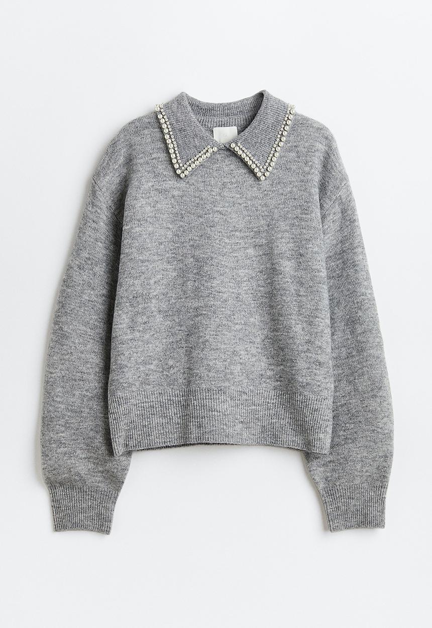 H&M - Beaded-collar jumper - light grey marl/beads