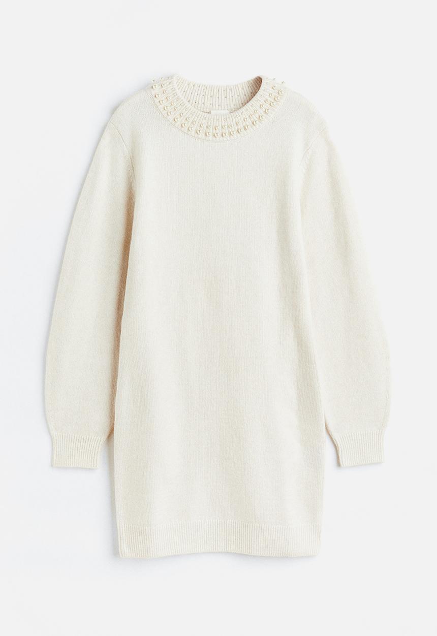 H&M - Beaded knitted dress - light beige/beads