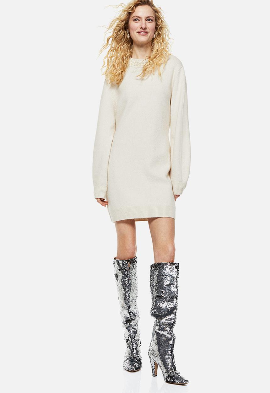 H&M - Beaded knitted dress - light beige/beads