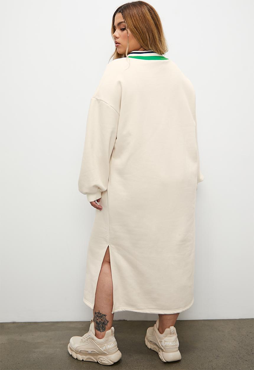 Blake - Preppy v-neck sweat midi dress - ecru & green